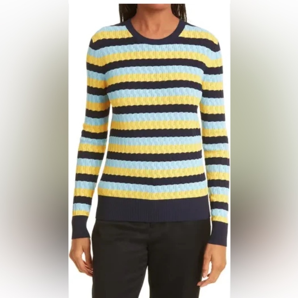 Jason Wu Yellow and Navy Blue Striped Viscose Crewneck Sweater Size Large